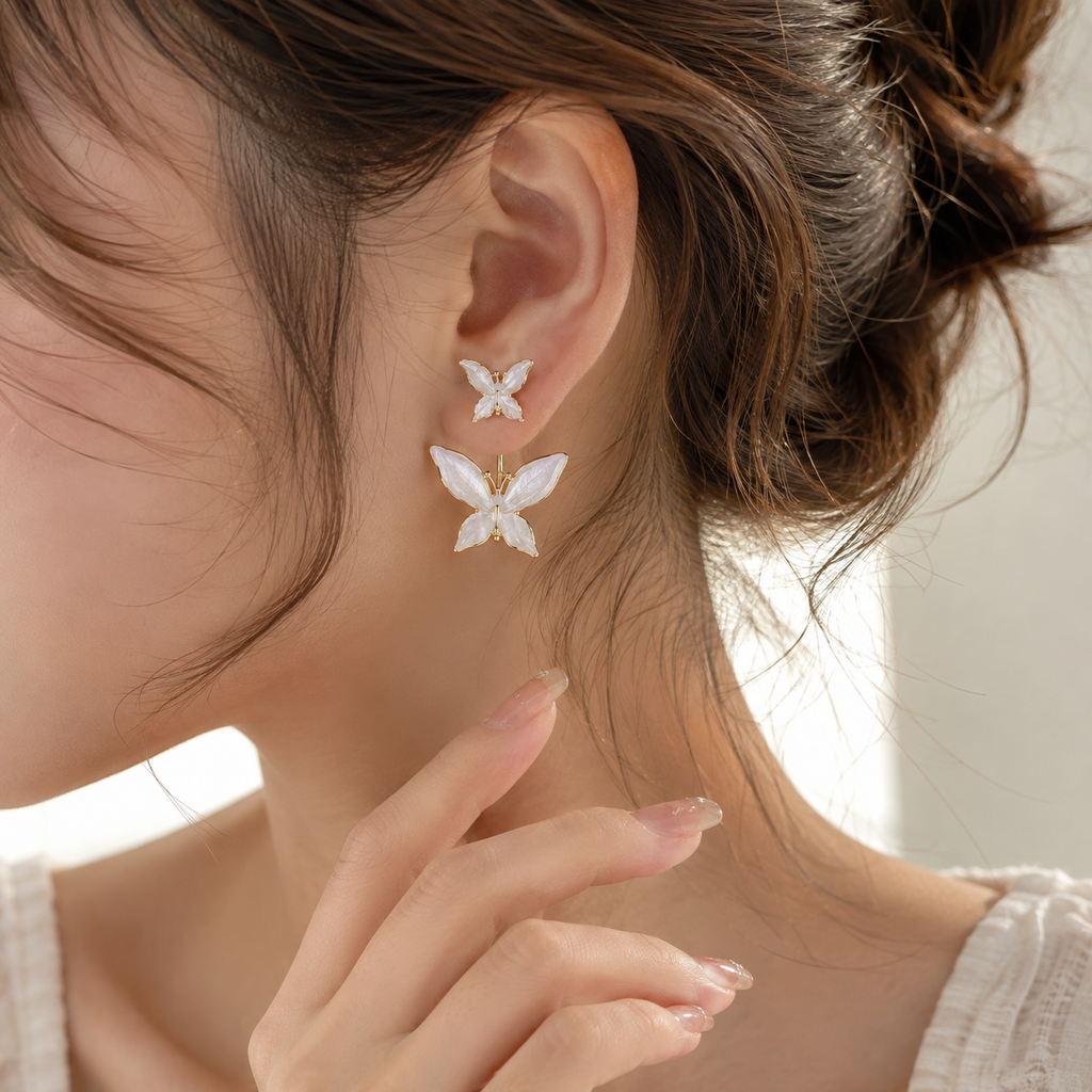 White color double butterfly Korean earrings for girls