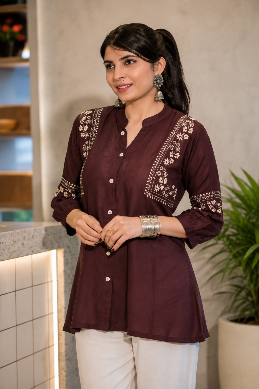 Women floral Embroidered mandarin collar top & tunic