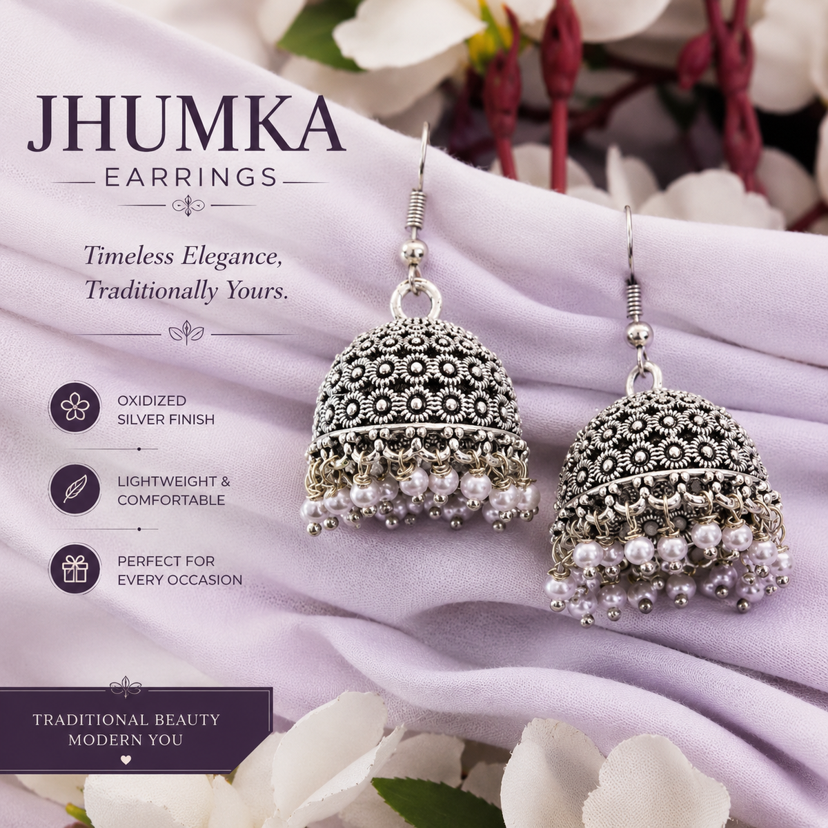 premium  Silver Oxidized Jhumki Earrings for Women and Girls - white beads - pack of 1