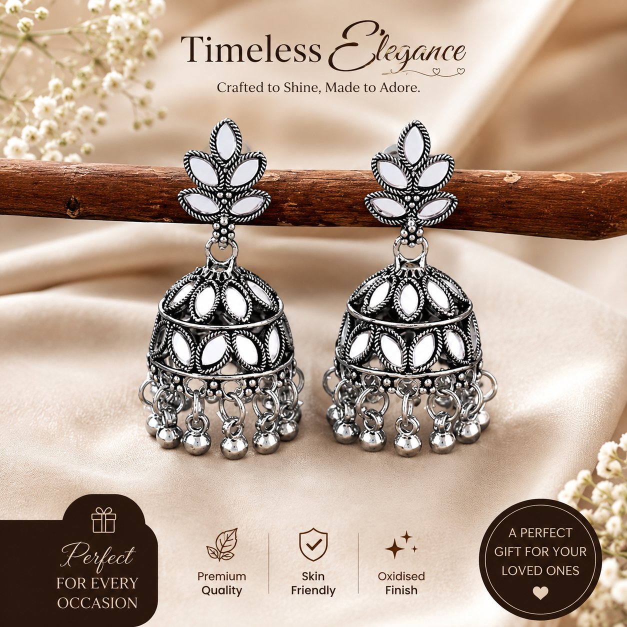 Stylish Mirror Work Jhumka Earrings, Beautiful Silver Oxidised Jhumka Earrings For Women & Girls