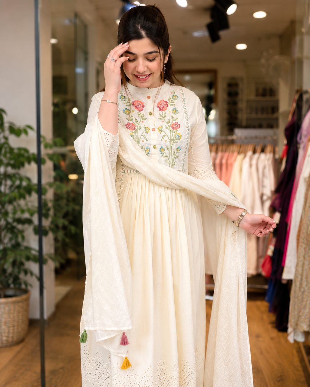 premium Cotton khadi Fabrice designer White kurti dupatta and pant set