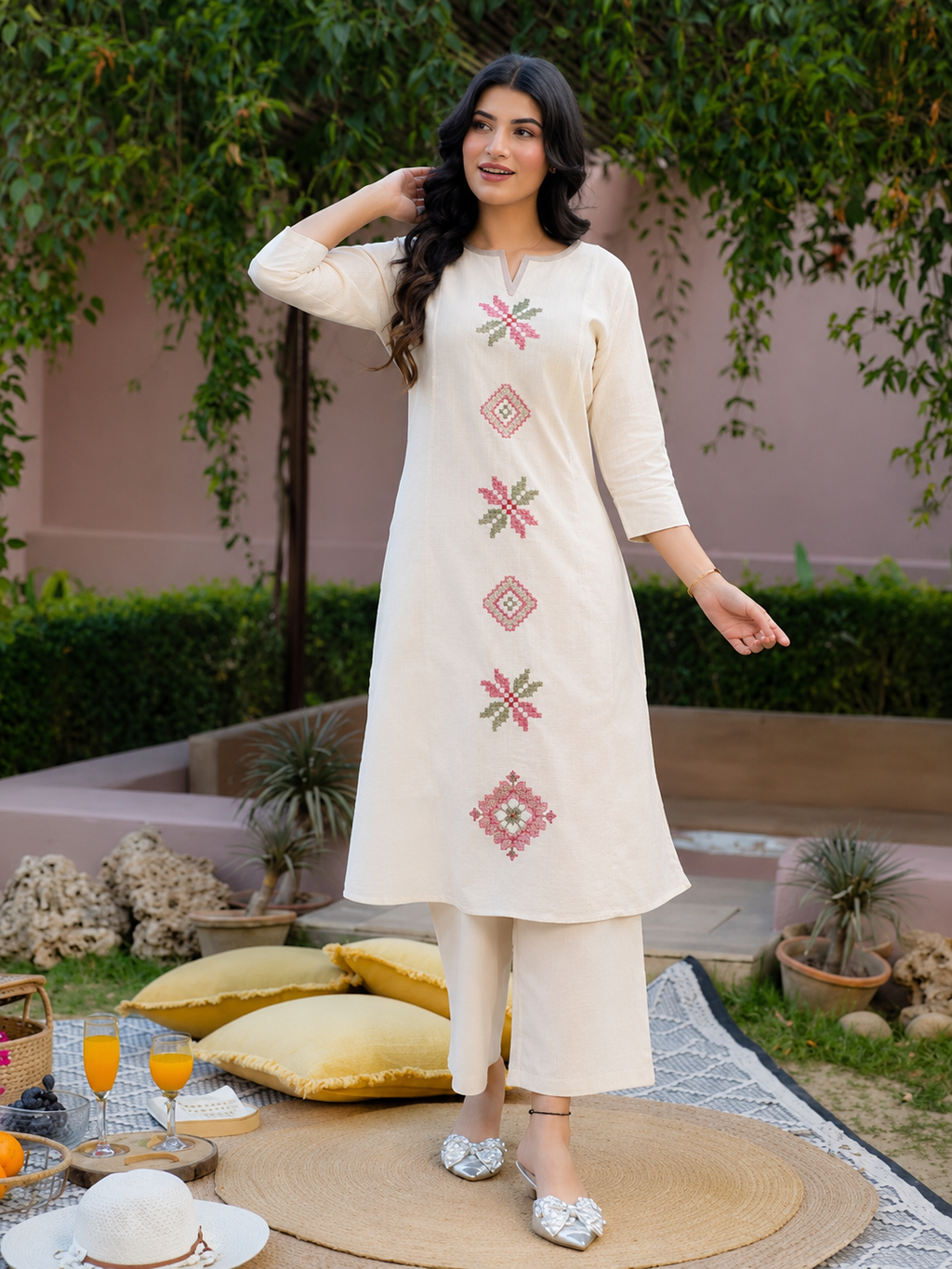 premium Cotton Flex Kurta Pant BeigeColor|Embroidery, Lace (With Pocket)work