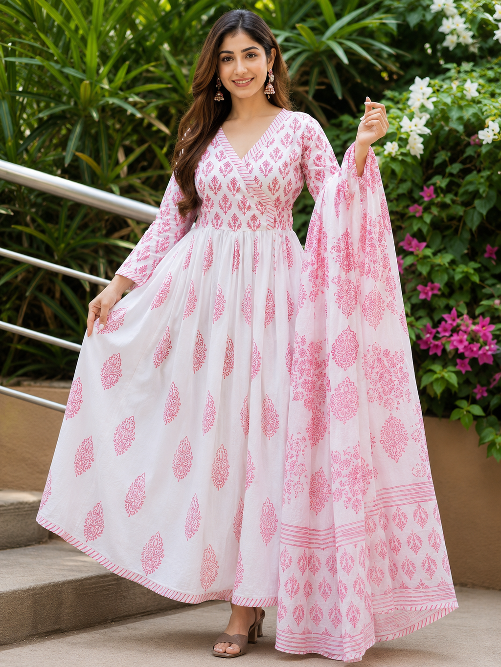 premium anarakali kurti and dupatta pink