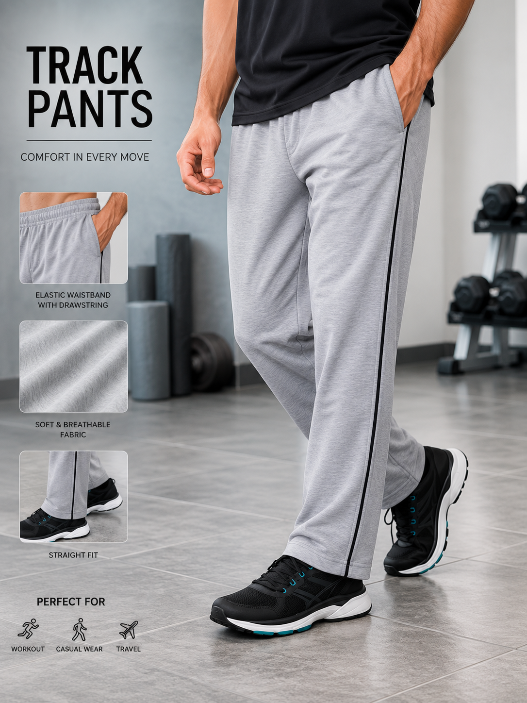 Men’s Solid Cotton Track Pants with Side Pockets | Comfortable Regular Fit