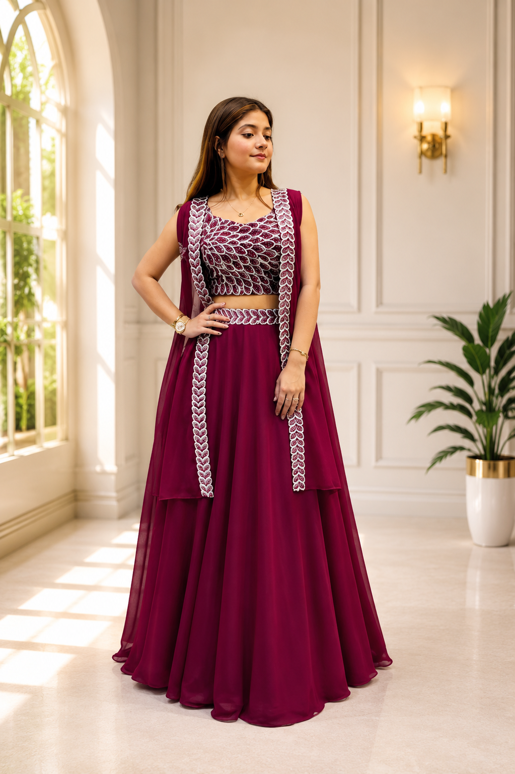 Gerogette embroidered reday to wear western lehenga blouse white shrug