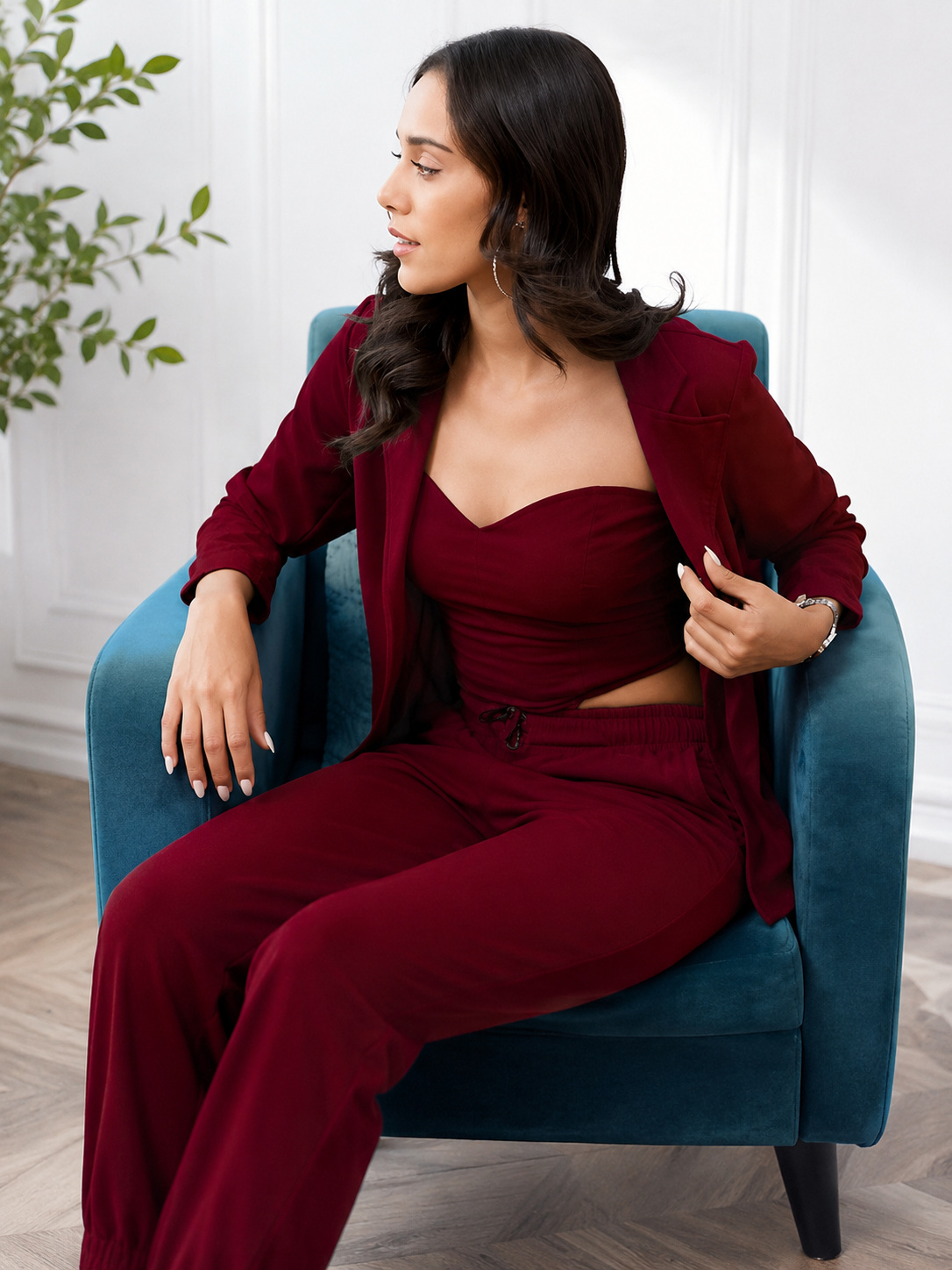 Cotton Lycra 3Pcs Set top, trouser and a blazer. croppe-top,