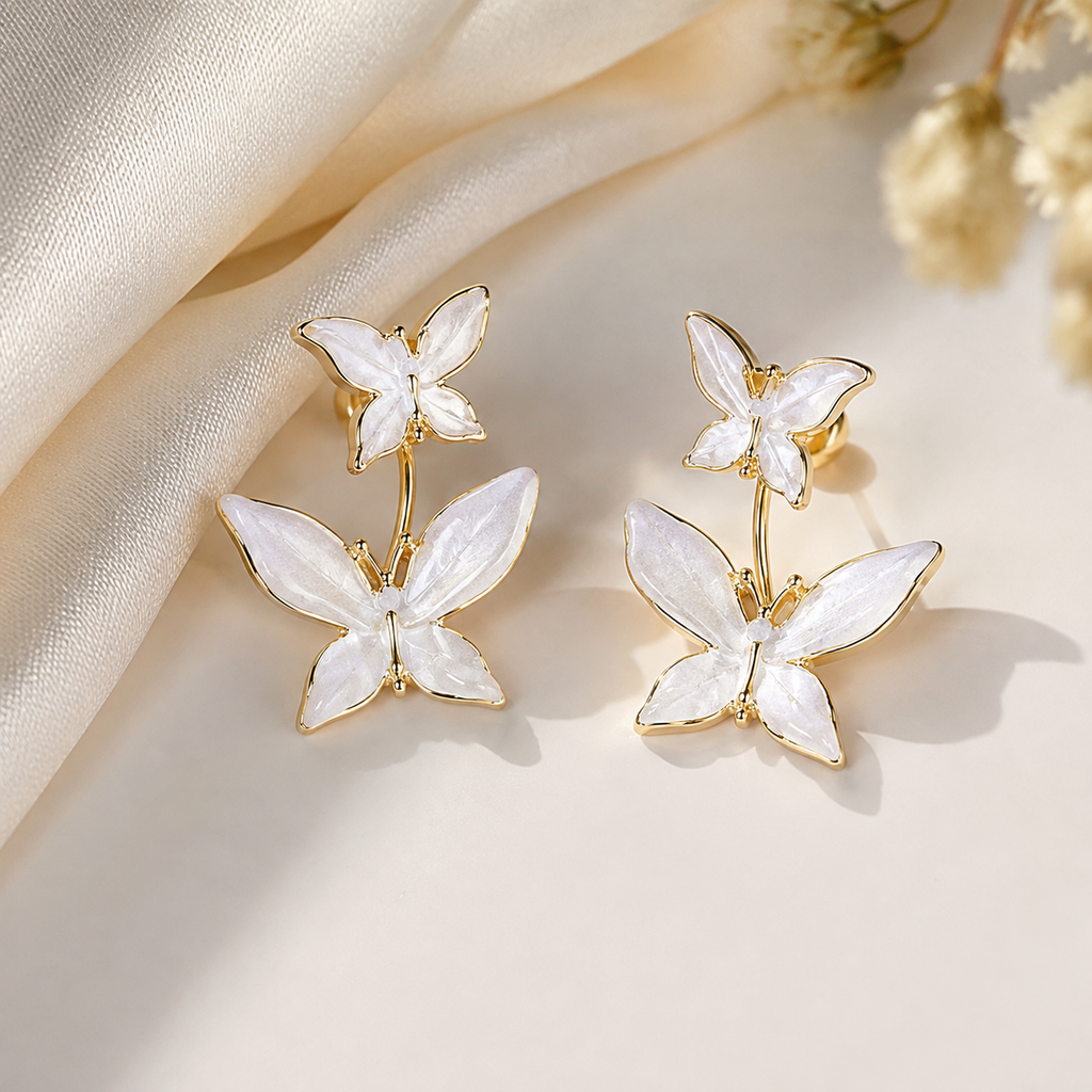 White color double butterfly Korean earrings for girls
