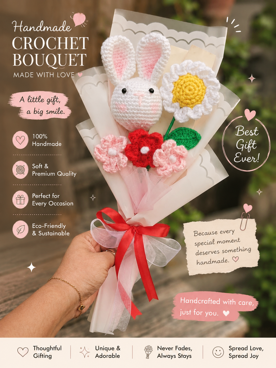 crochet bunny with daisy bouquet