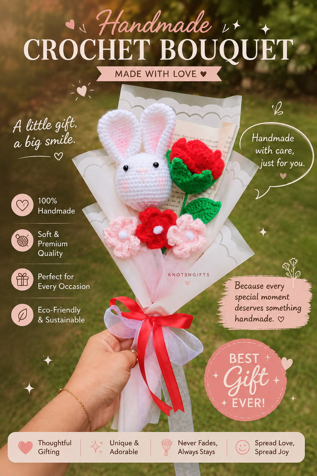 crochet bunny with rose bouquet