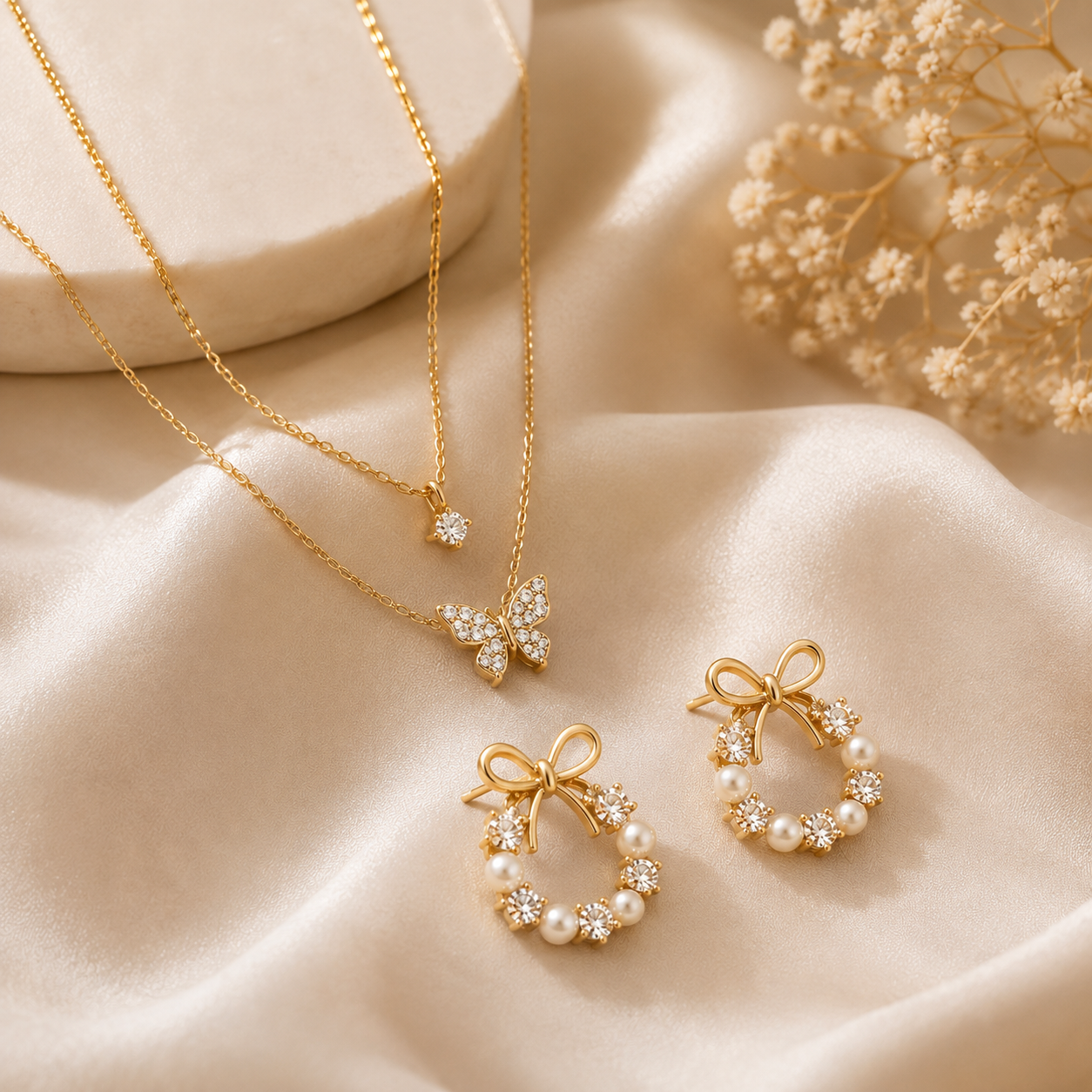premium Simple Small Fresh Female Necklace, double layered  chain necklace and korean bow earrings combo