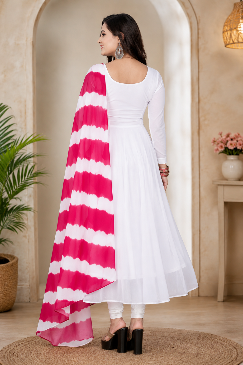 Luxurious Party Wear Georgette White Solid Long Gown And Kurtis For Woman and Girl