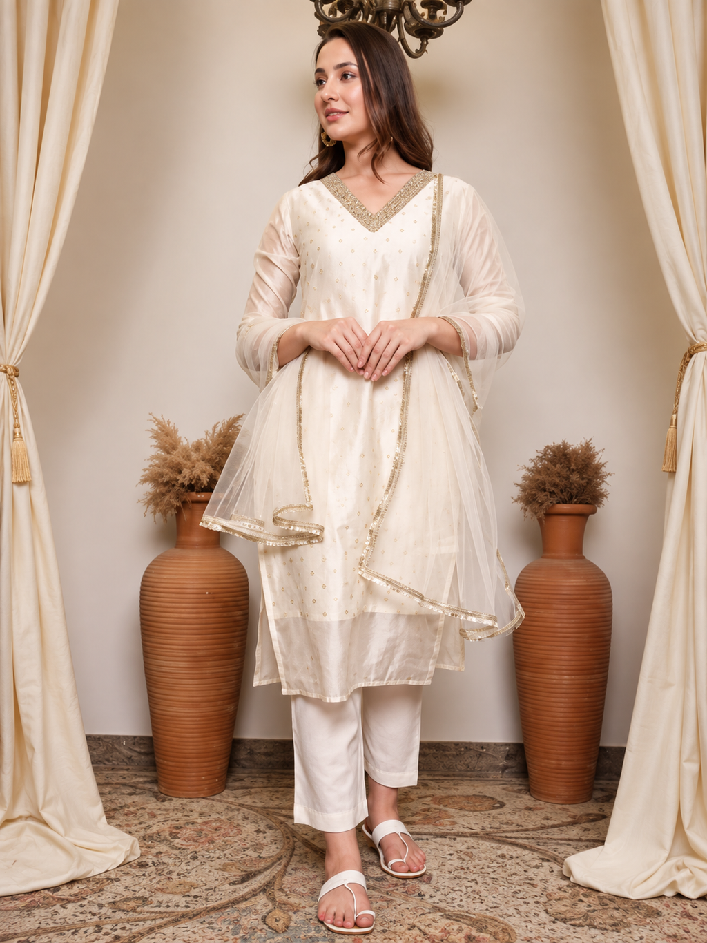 premium  chandheri silk embroiderd kurti set with net duppatta