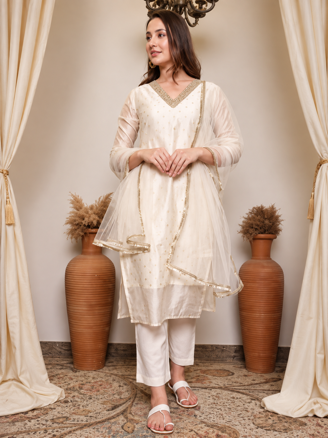 premium  chandheri silk embroiderd kurti set with net duppatta