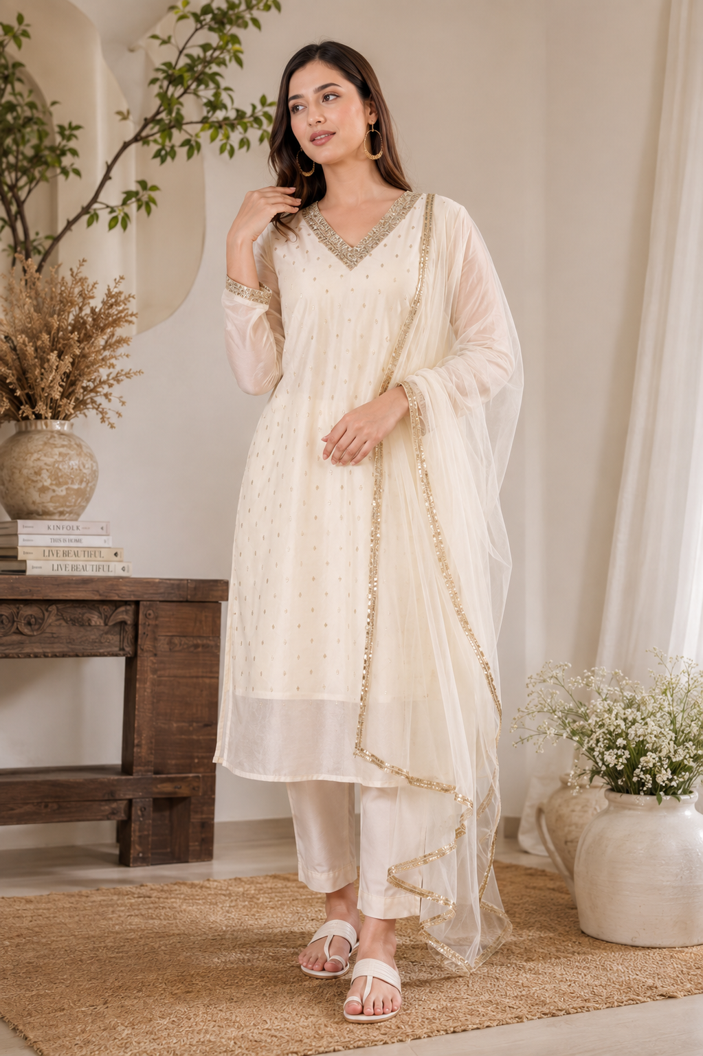 premium  chandheri silk embroiderd kurti set with net duppatta