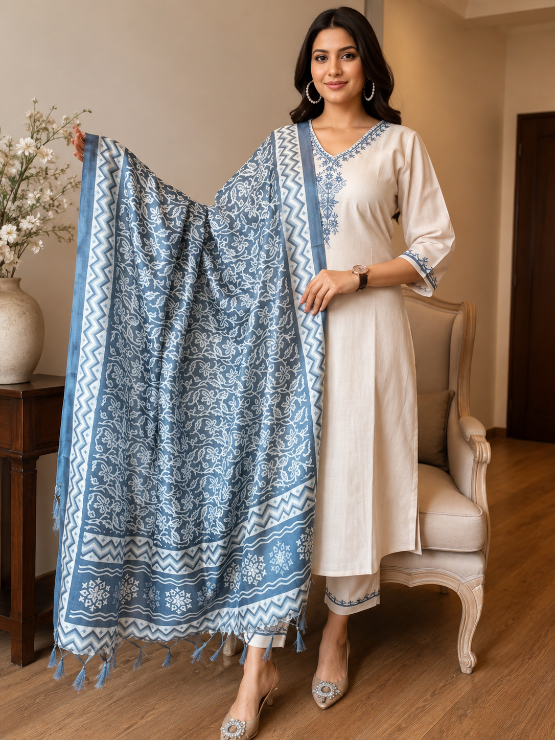 Womens Ethnic Embroidery Top Pant And Dupatta Set