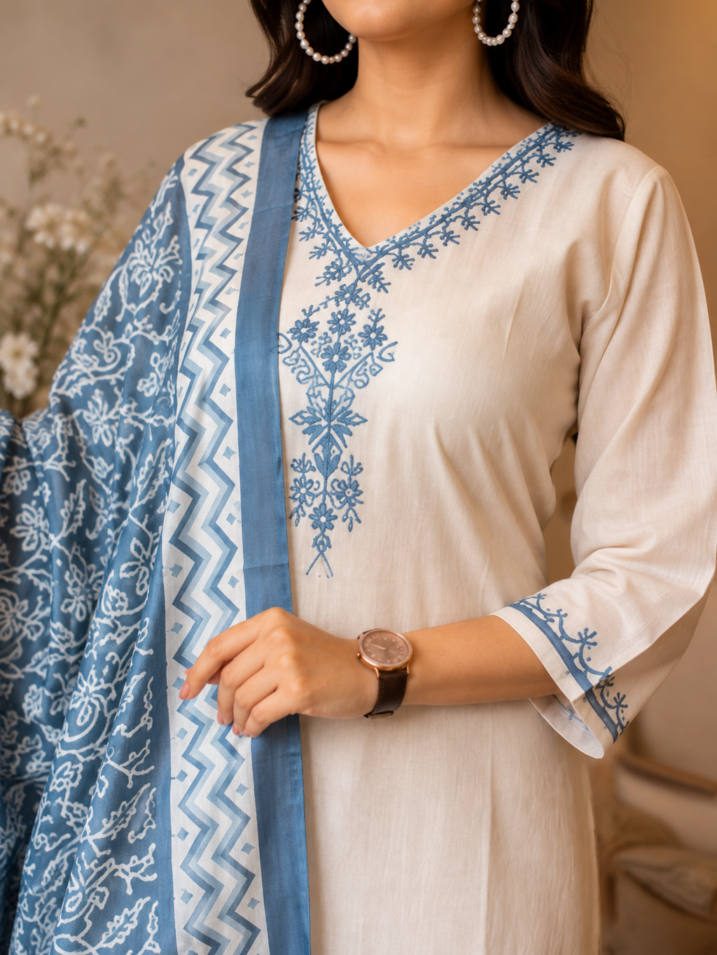 Womens Ethnic Embroidery Top Pant And Dupatta Set