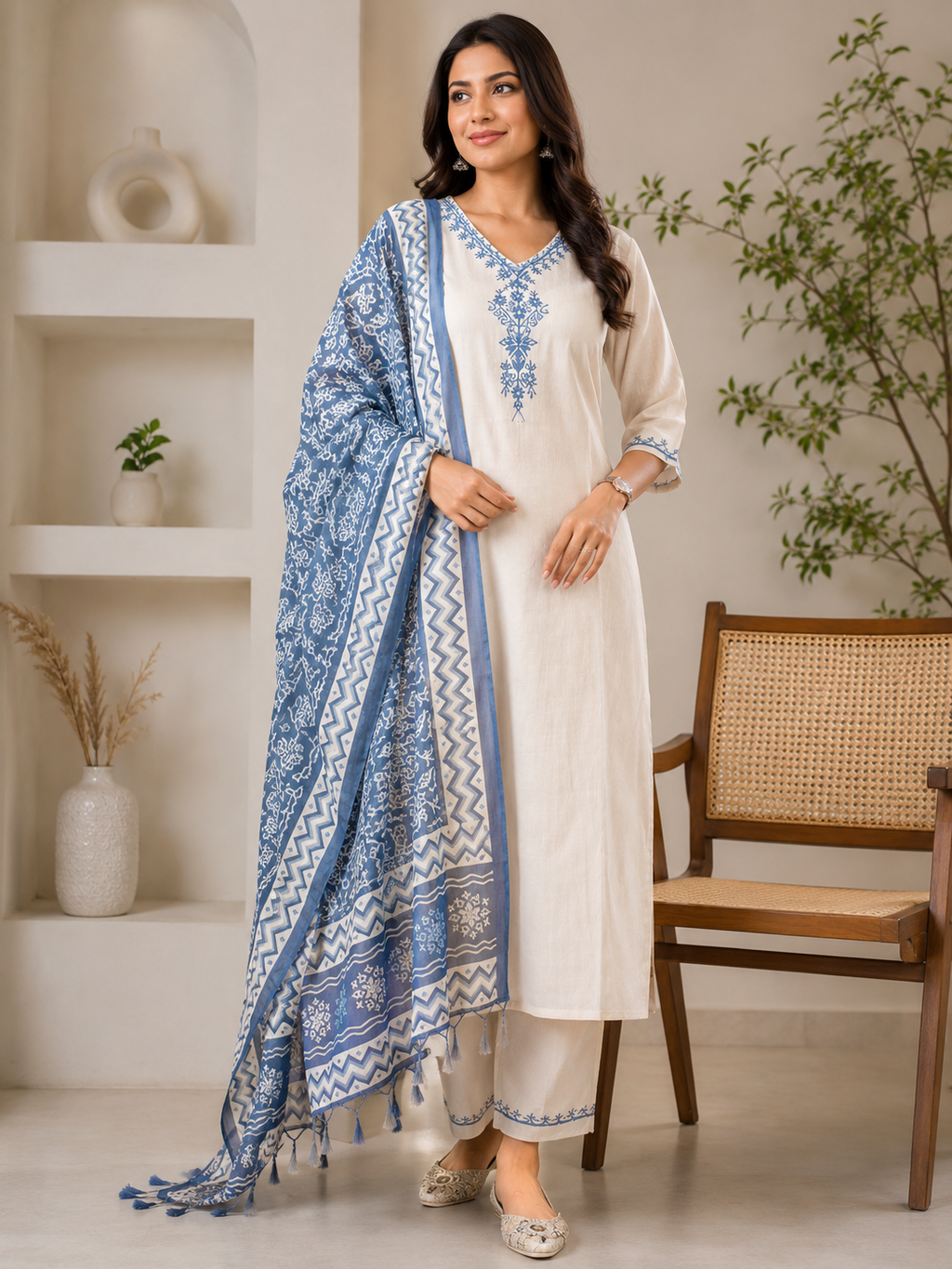 Womens Ethnic Embroidery Top Pant And Dupatta Set
