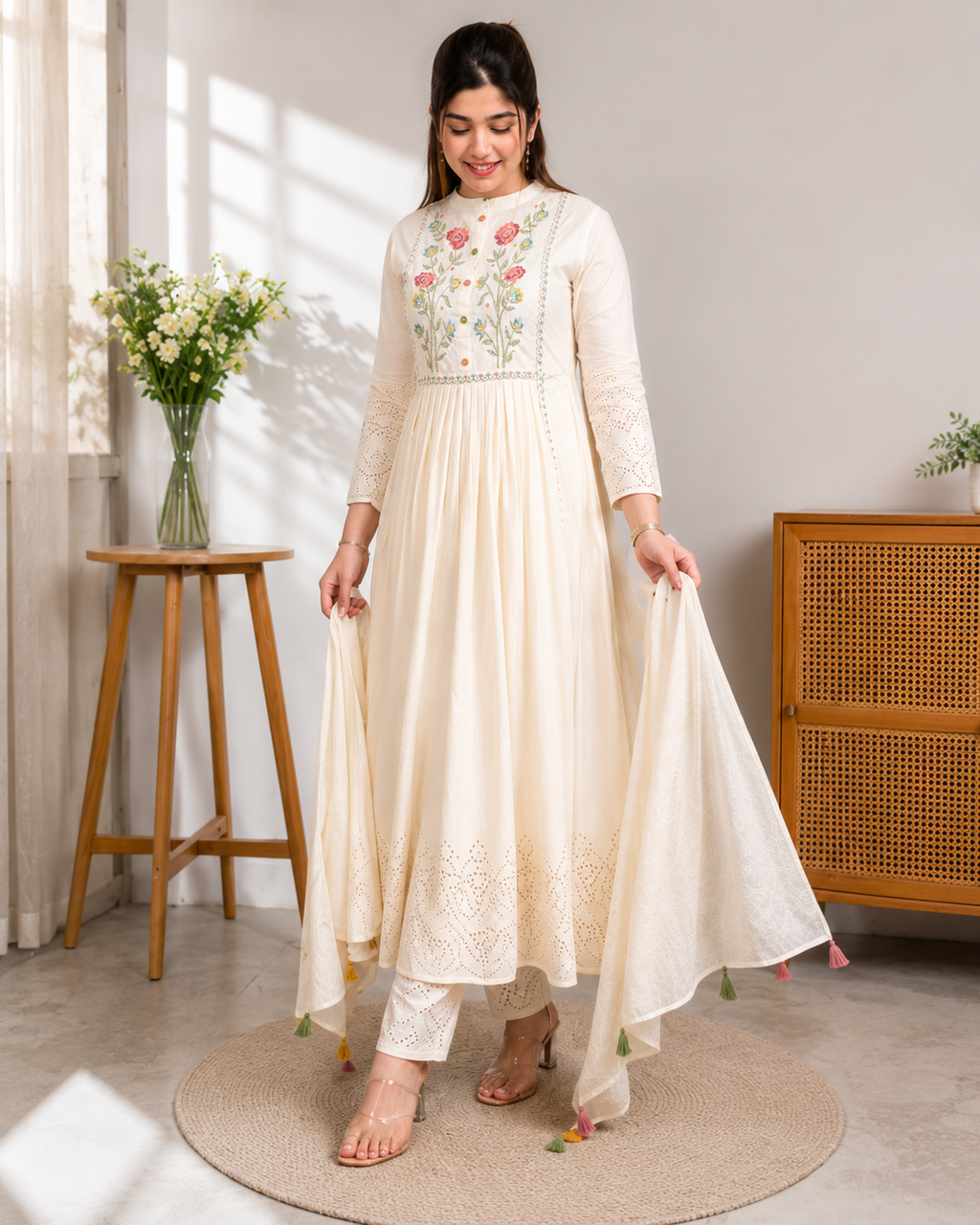 premium Cotton khadi Fabrice designer White kurti dupatta and pant set