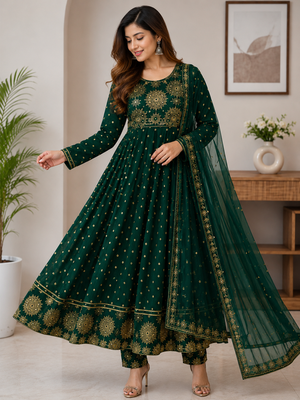 premium Anarkali Dupatta Set" Women's Printed "Anarkali Kurti" & Pant Dupatta Set