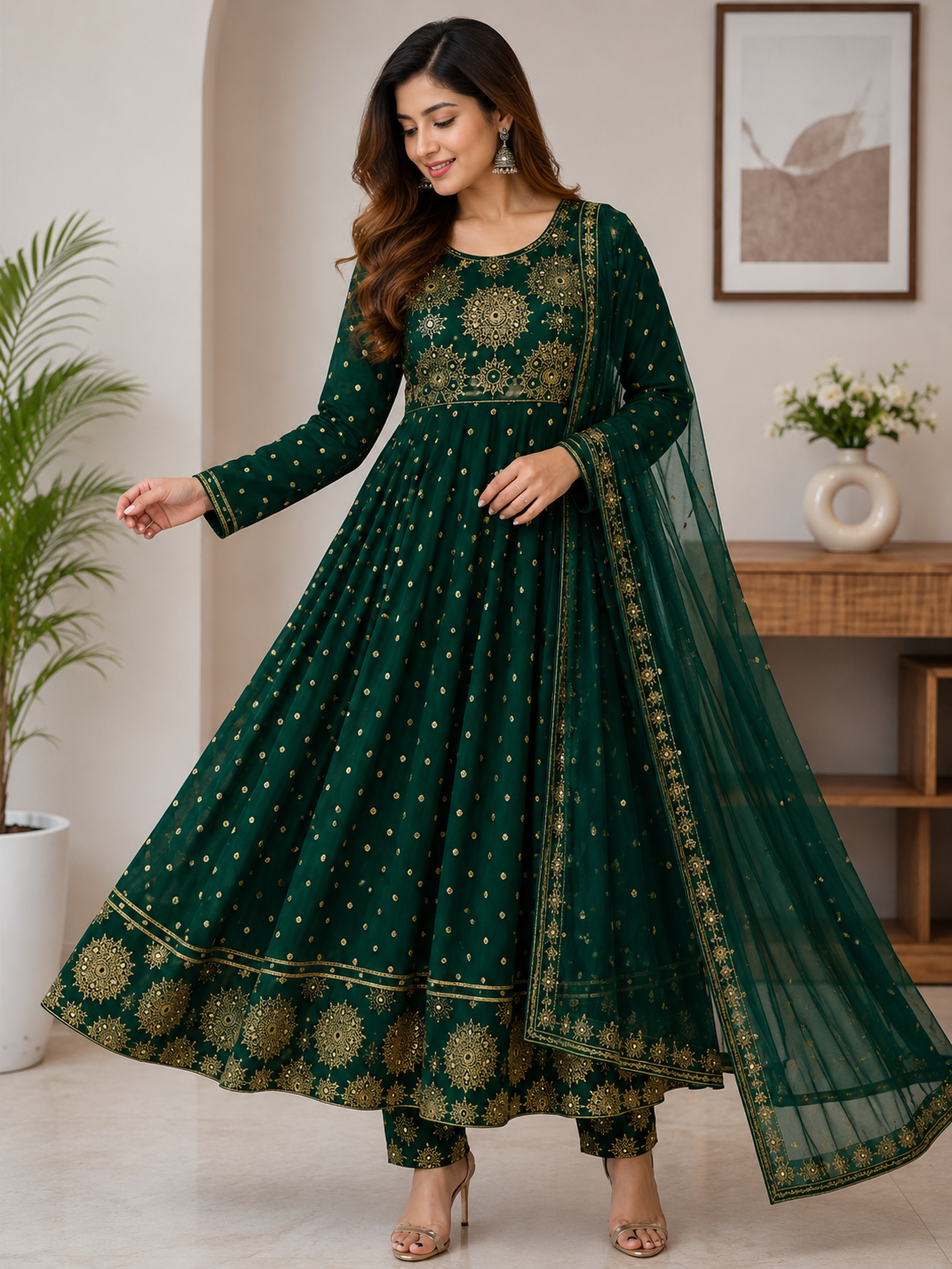 premium Anarkali Dupatta Set" Women's Printed "Anarkali Kurti" & Pant Dupatta Set