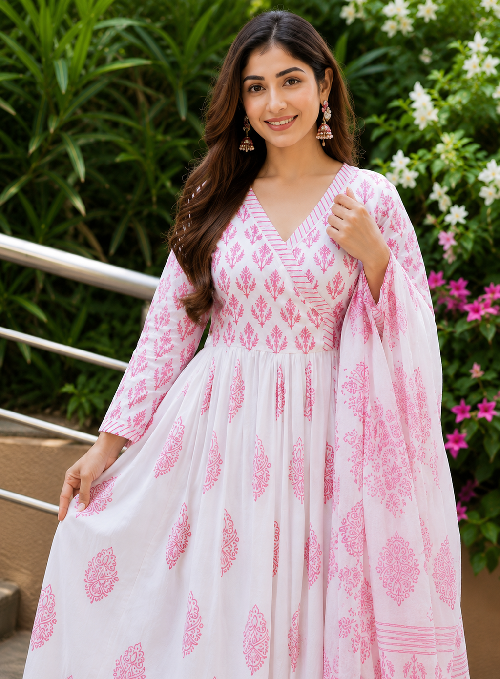 premium anarakali kurti and dupatta pink