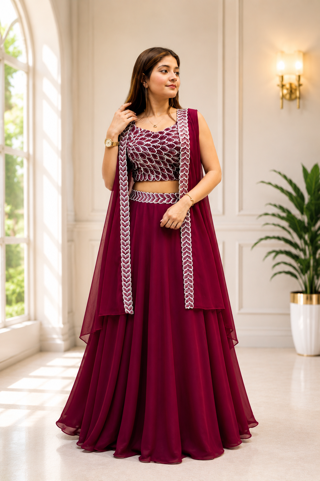 Gerogette embroidered reday to wear western lehenga blouse white shrug