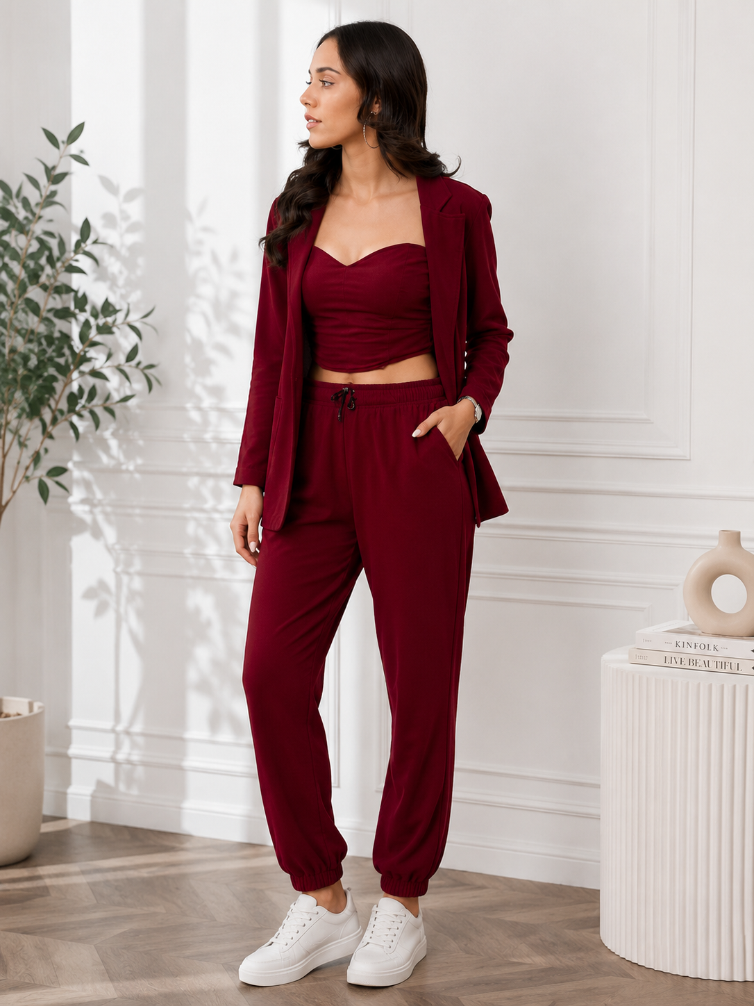 Cotton Lycra 3Pcs Set top, trouser and a blazer. croppe-top,