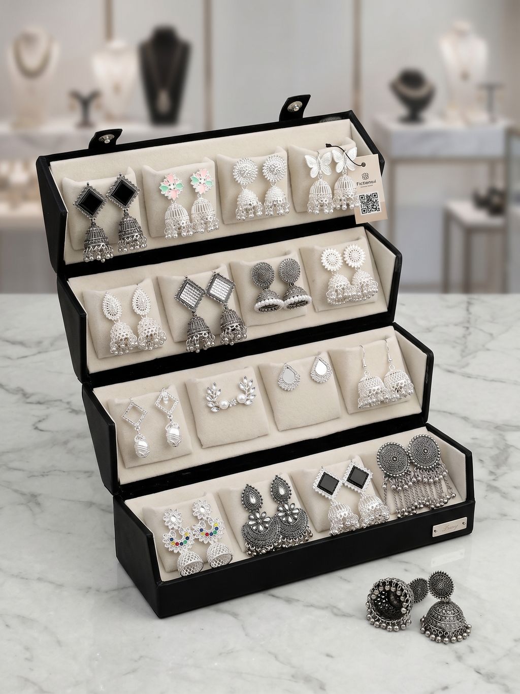 premium 16 Pairs Premium Silver Oxidised Earrings | Jhumka Set With Velvet Box | Combo Jewellery | Traditional Earrings for Women & Girls | Ethnic & Daily Wear