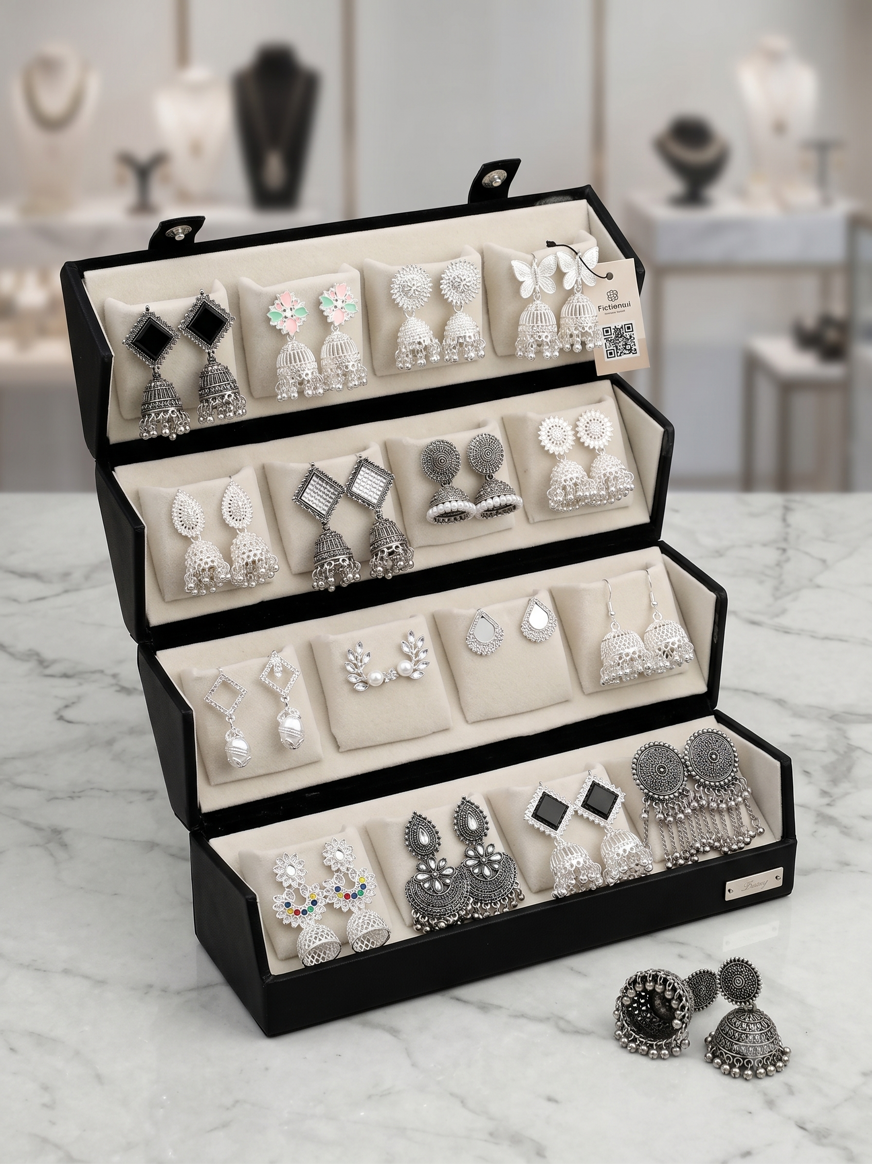 premium 16 Pairs Premium Silver Oxidised Earrings | Jhumka Set With Velvet Box | Combo Jewellery | Traditional Earrings for Women & Girls | Ethnic & Daily Wear
