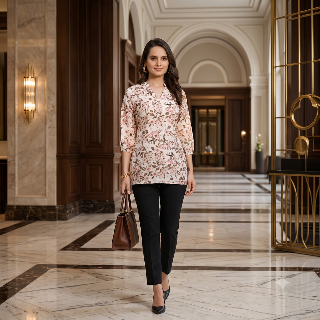 White Floral Print Crepe Tunic for Women Keyhole Neck Regular Fit Three Quarter Sleeve Casual Wear Western Top Hip Length Daily Wear Office Wear Stylish Ladies Top Printed Tunic for Girls Fashion Wear Outfit