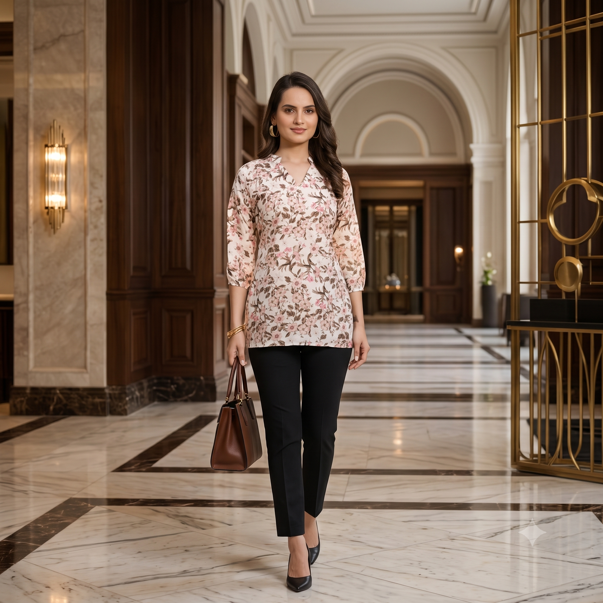 White Floral Print Crepe Tunic for Women Keyhole Neck Regular Fit Three Quarter Sleeve Casual Wear Western Top Hip Length Daily Wear Office Wear Stylish Ladies Top Printed Tunic for Girls Fashion Wear Outfit