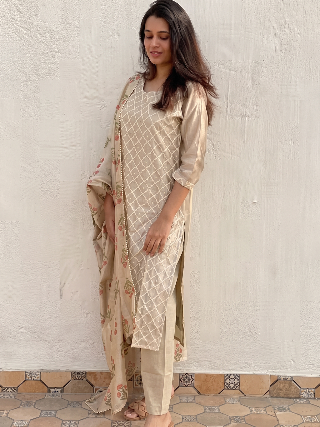 Zinariya Fab Fashionable Women's Beige Embroidered Sequince Kurti With Pant & Dupatta Set