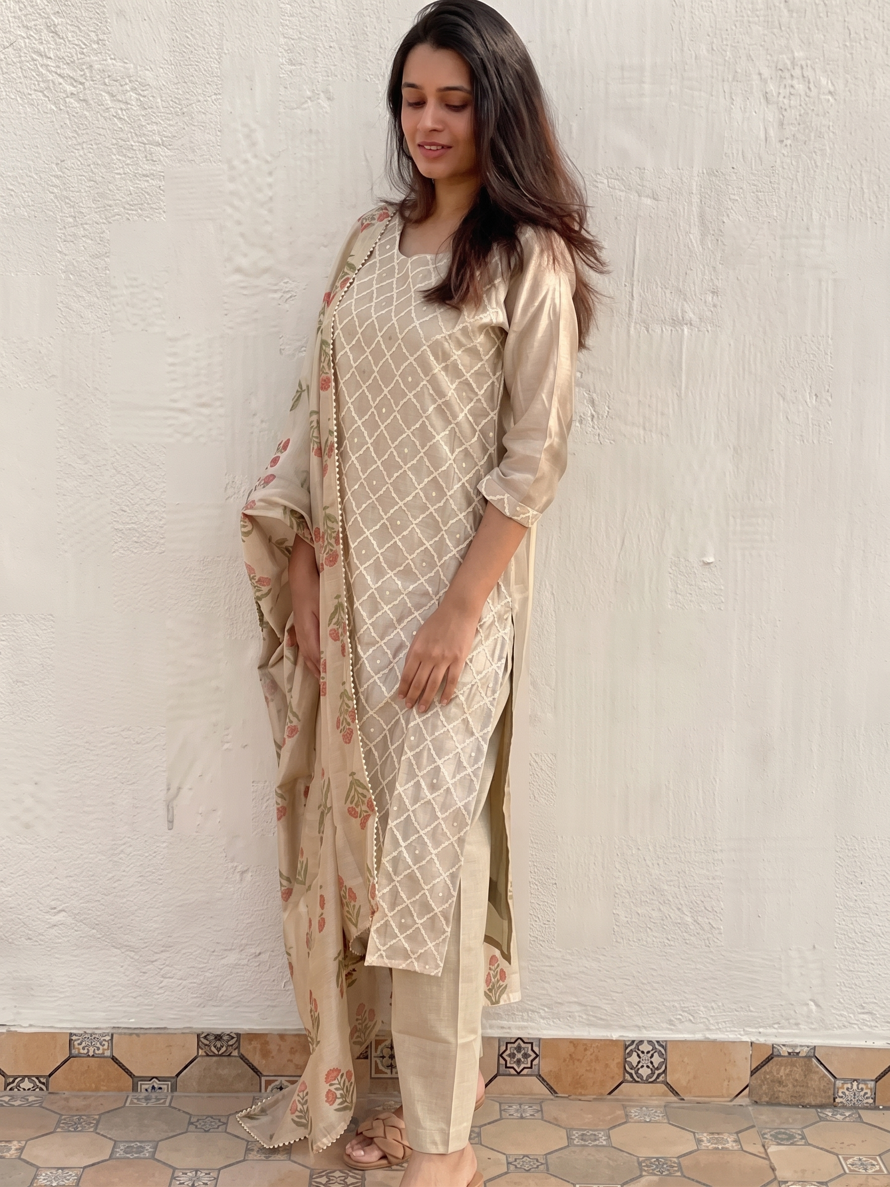 Zinariya Fab Fashionable Women's Beige Embroidered Sequince Kurti With Pant & Dupatta Set