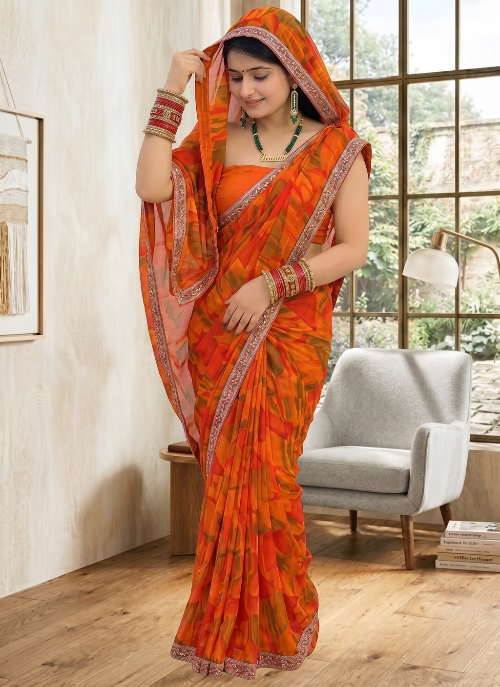Orange saree Best Daily Wear Georgette Printed Sari With Full Sari Lace Border With Running Unstitched Blouse Piece