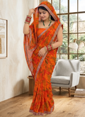 Orange saree Best Daily Wear Georgette Printed Sari With Full Sari Lace Border With Running Unstitched Blouse Piece