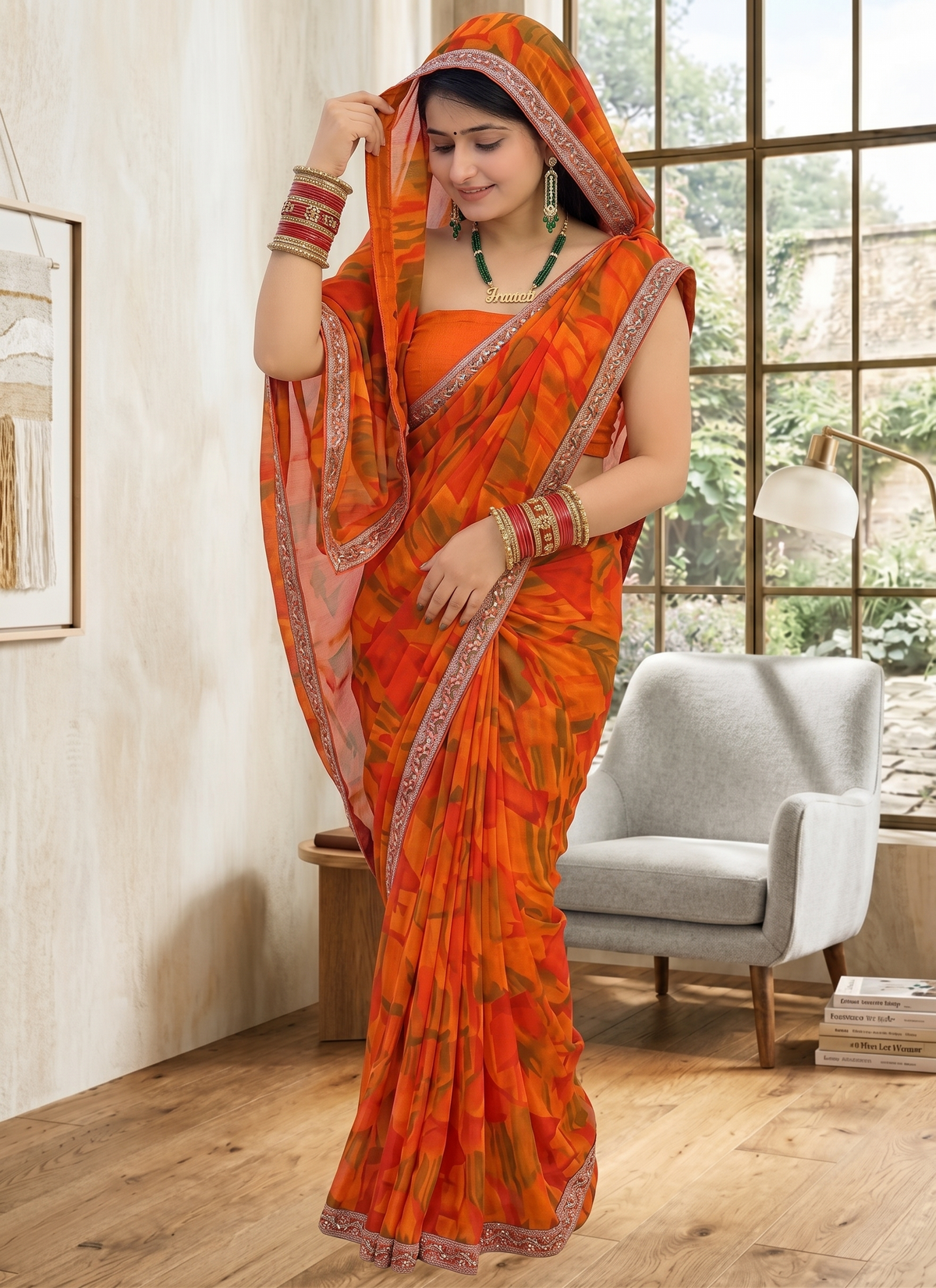 Orange saree Best Daily Wear Georgette Printed Sari With Full Sari Lace Border With Running Unstitched Blouse Piece