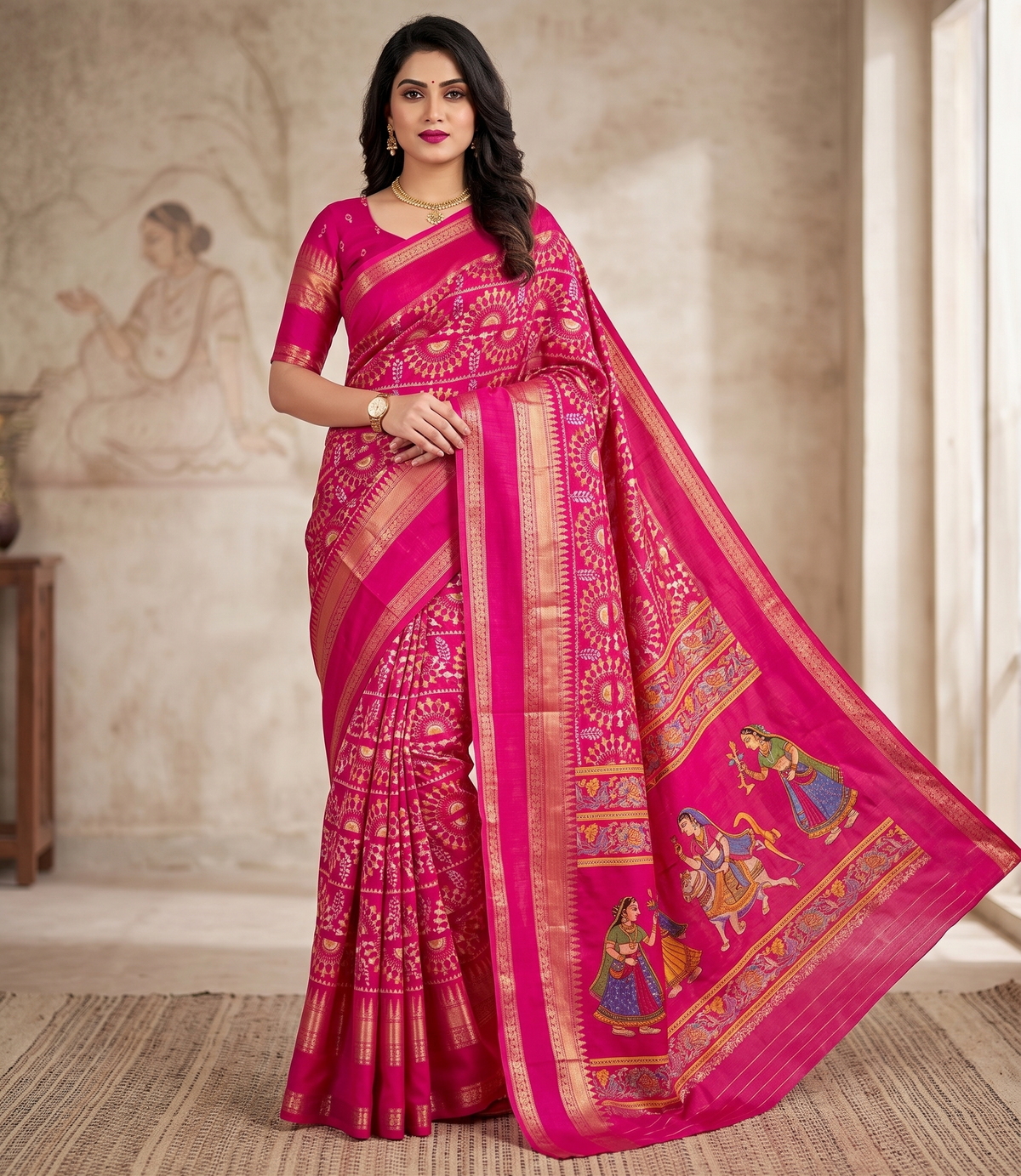 premium Warli Print Dola Silk Saree