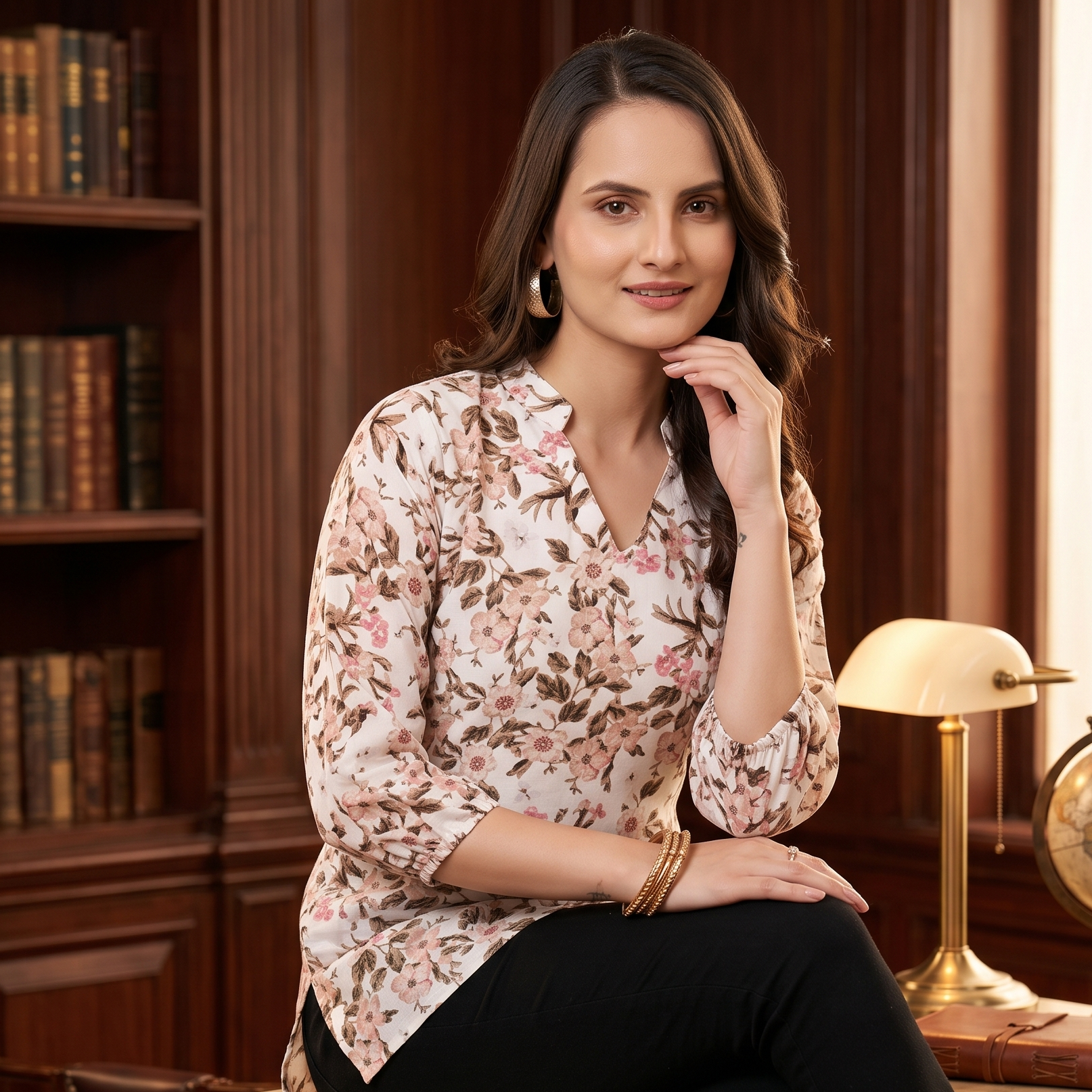 White Floral Print Crepe Tunic for Women Keyhole Neck Regular Fit Three Quarter Sleeve Casual Wear Western Top Hip Length Daily Wear Office Wear Stylish Ladies Top Printed Tunic for Girls Fashion Wear Outfit