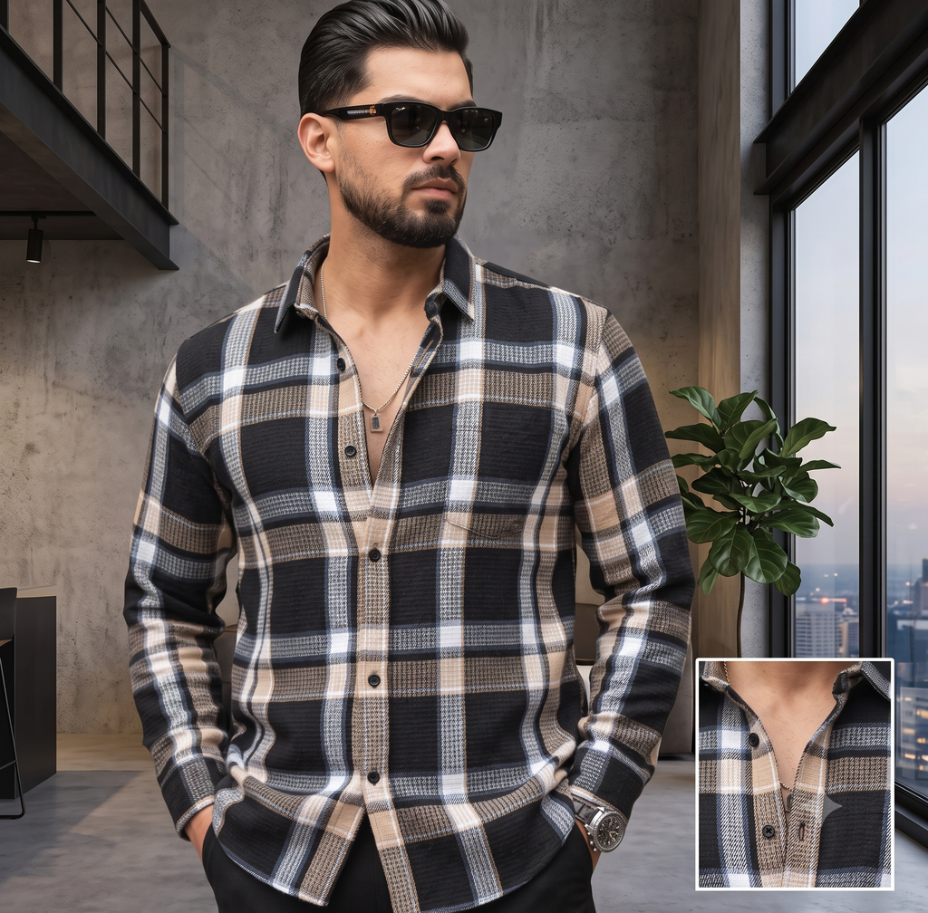 Trendy Cream Check Cotton Shirt for Men – Full Sleeves