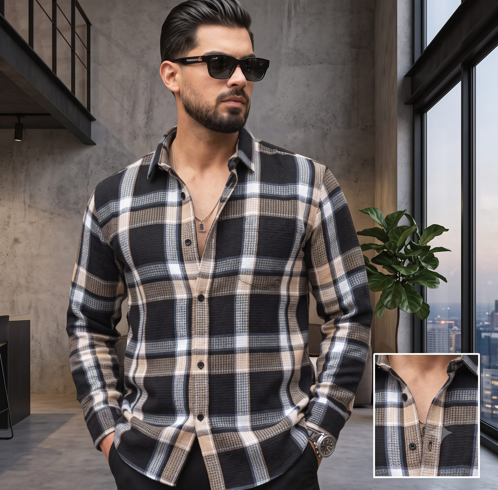 Trendy Cream Check Cotton Shirt for Men – Full Sleeves