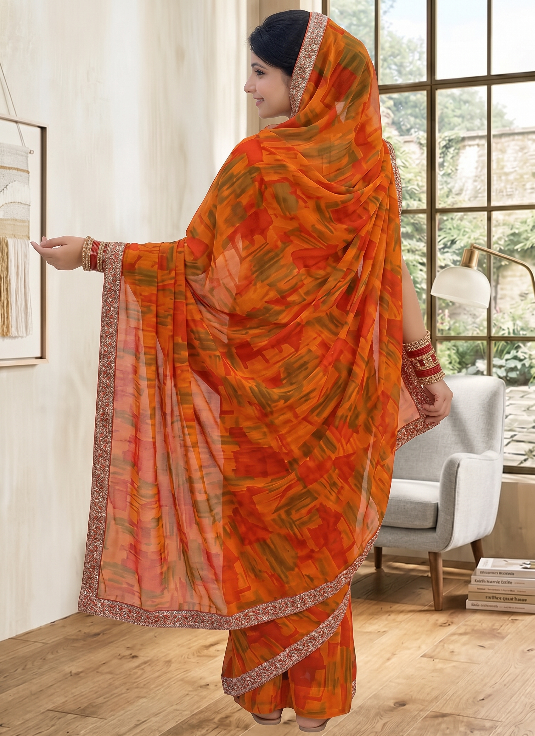 Orange saree Best Daily Wear Georgette Printed Sari With Full Sari Lace Border With Running Unstitched Blouse Piece