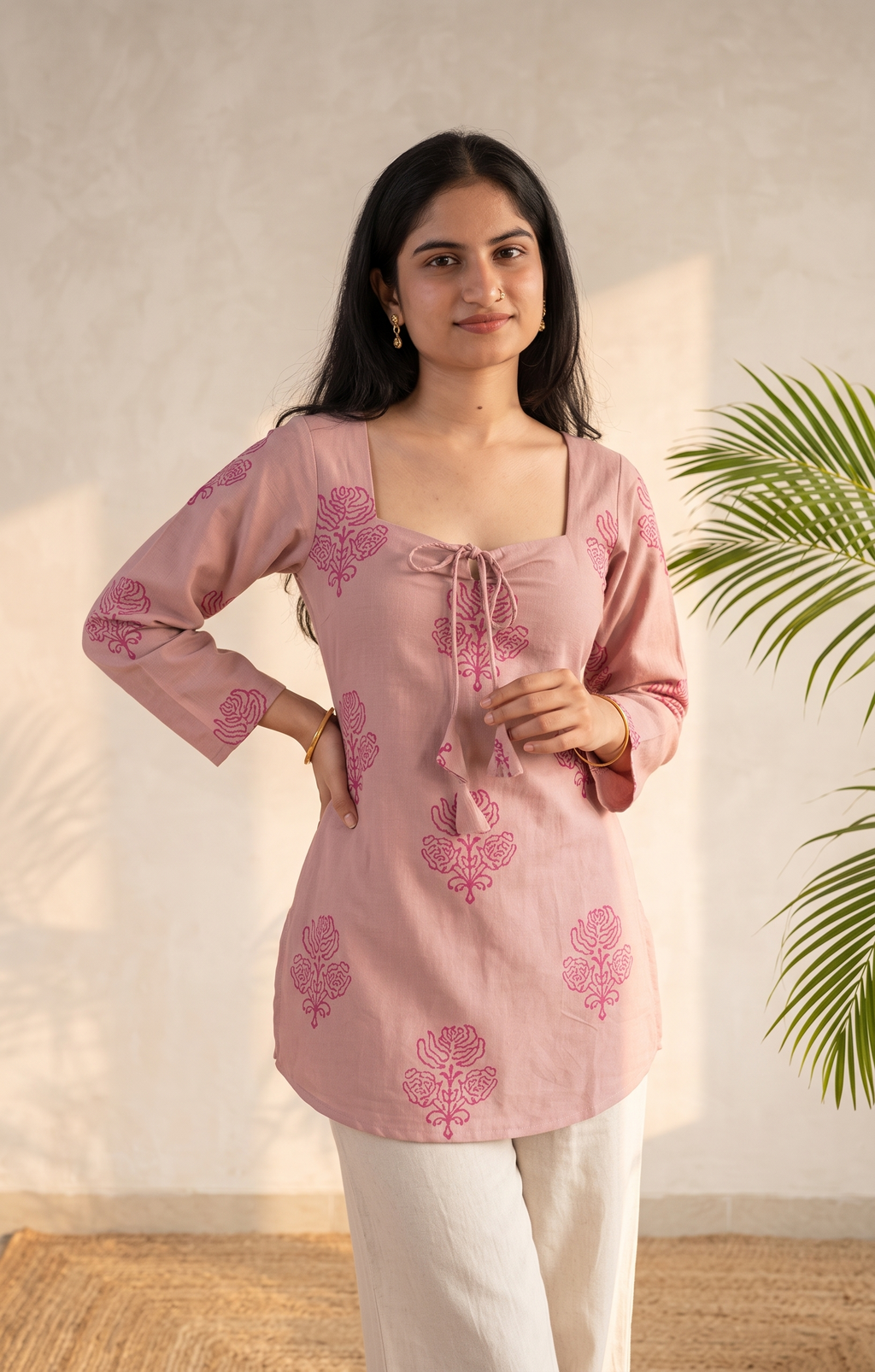 Elegant Pink Floral Hand-Block Print Short Kurti with Tie-Up Detail