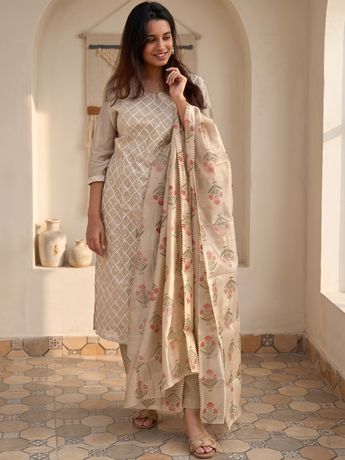 Zinariya Fab Fashionable Women's Beige Embroidered Sequince Kurti With Pant & Dupatta Set
