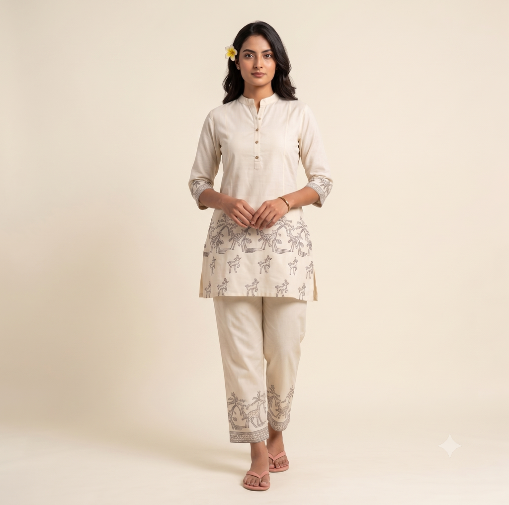 women's premium Cotton embroidery Work Casual Top Bottom Set