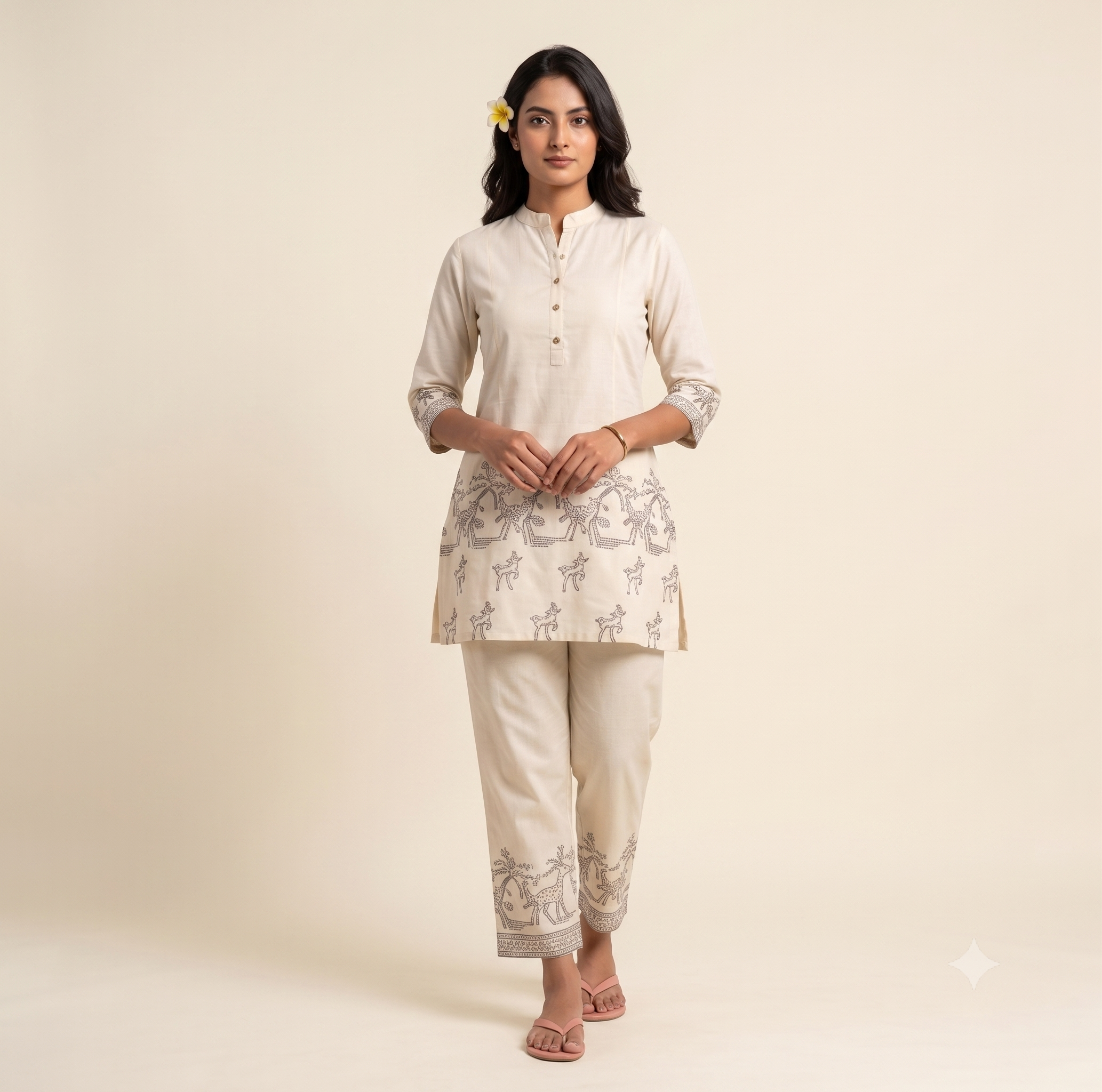 women's premium Cotton embroidery Work Casual Top Bottom Set