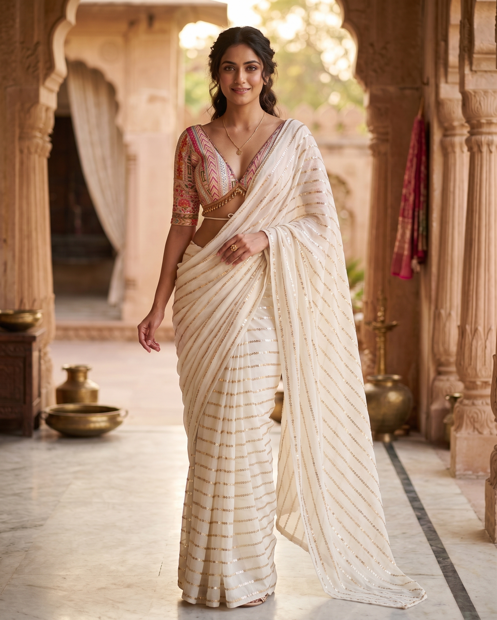 Georgette Embroidered Elegant White Color Sreee With Blouse || Saree For Women