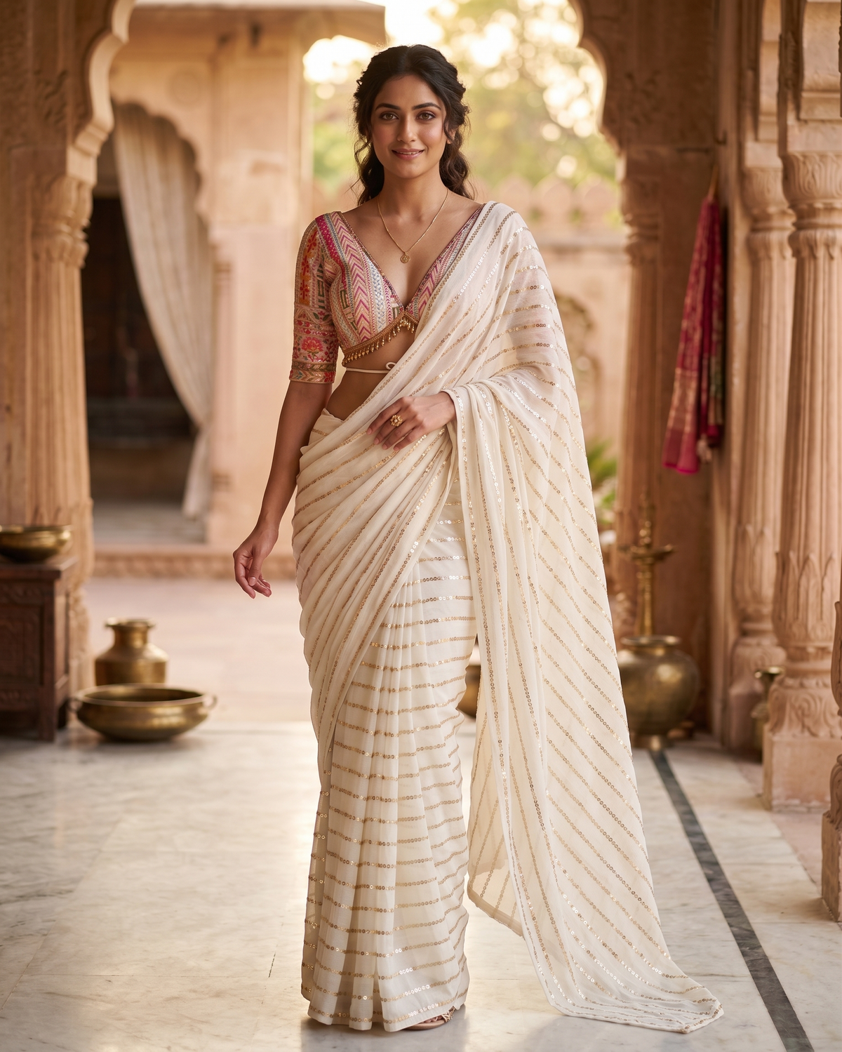 Georgette Embroidered Elegant White Color Sreee With Blouse || Saree For Women
