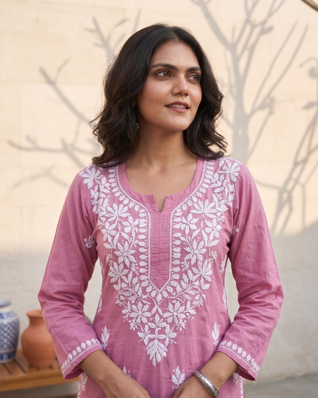 PREMIUM CHIKANKARI NEW CUTE PINK STRAIGHT SHORT KURTI