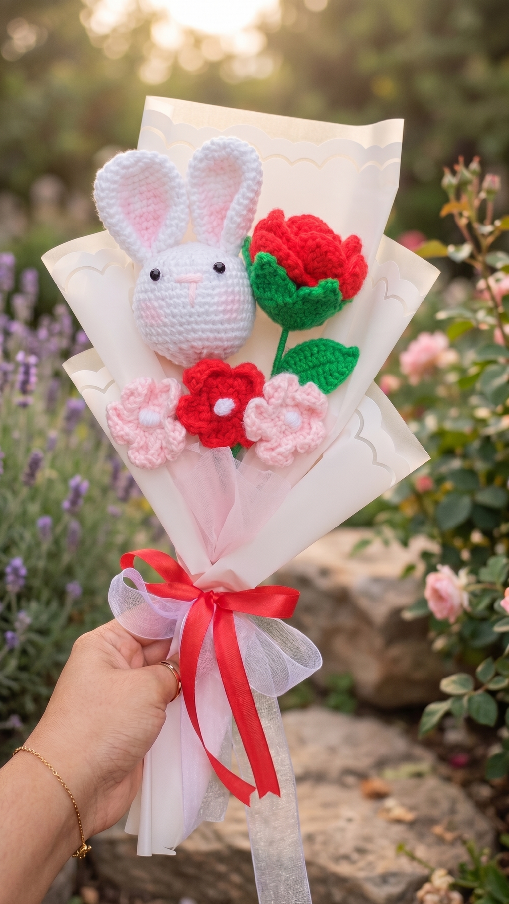 crochet bunny with rose bouquet