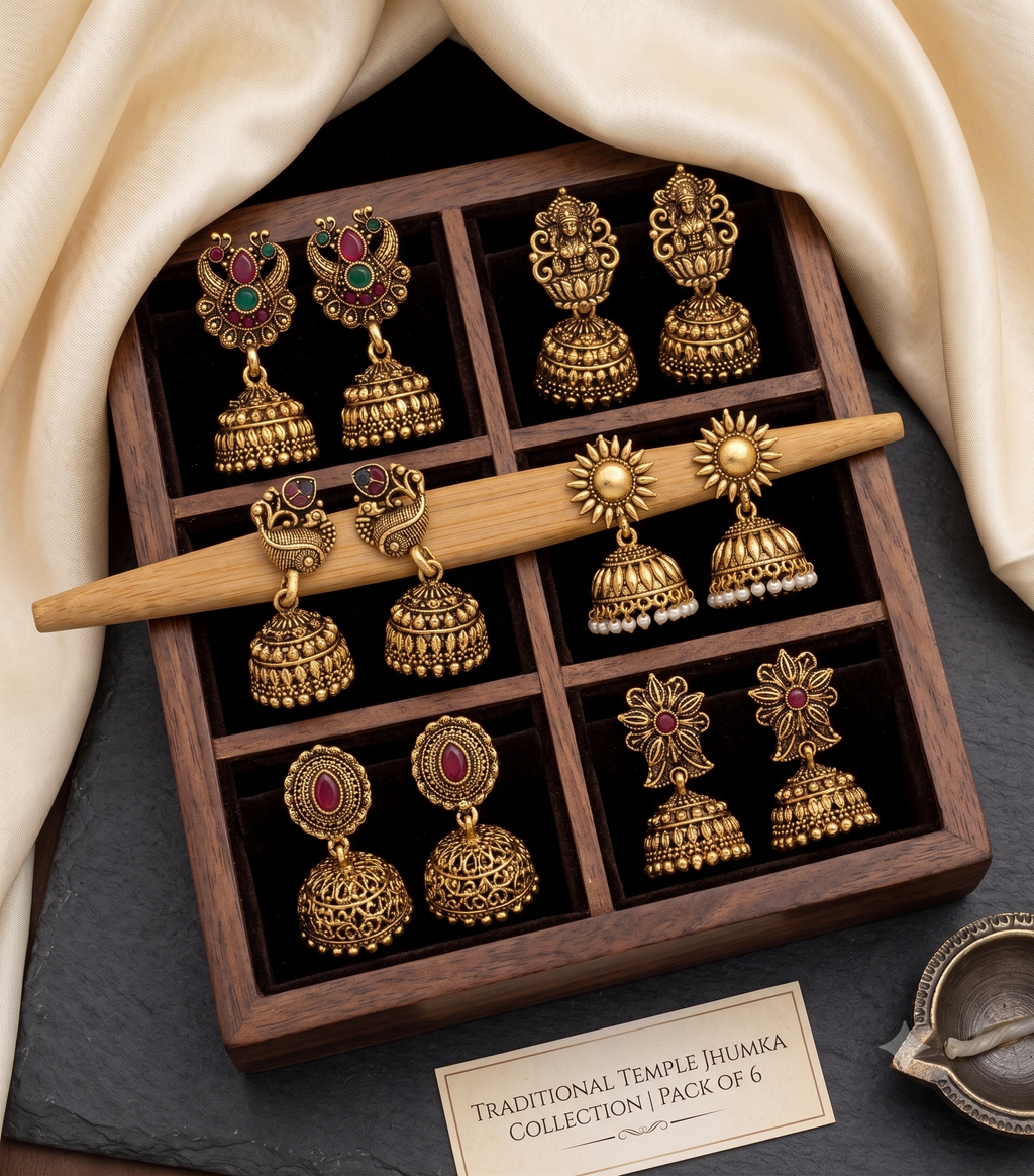 Set of 6 Traditional Oxidised Gold Jhumka Earrings